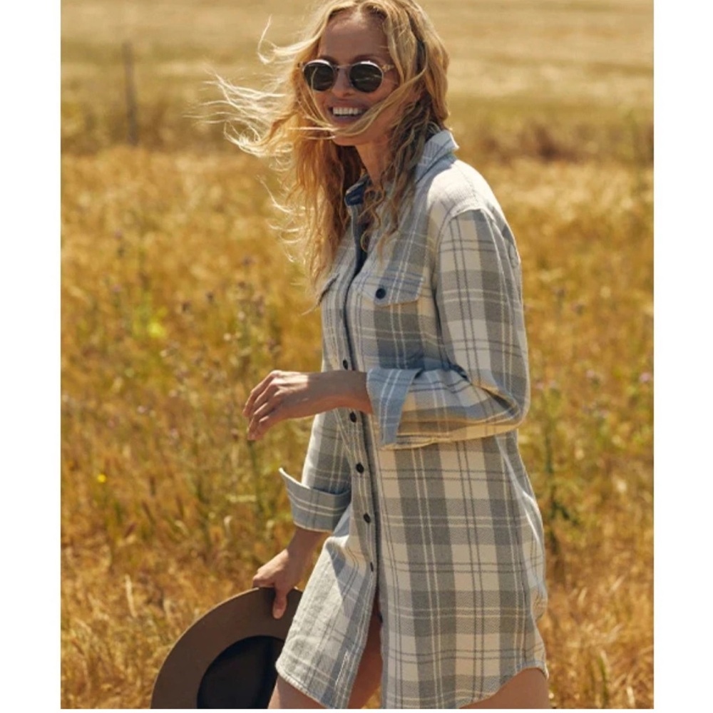 NWT Outerknown Blanket Shirt Dress Organic Cotton Plaid Grey White L - Picture 2 of 16